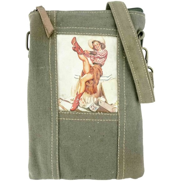 Vintage Addiction Handbags - VINTAGE ADDICTION Crossbody Handbag Cowgirl Red Boots Recycled Military Tent NWT